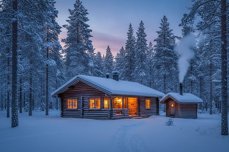 A log cabin with its own sauna in the snow