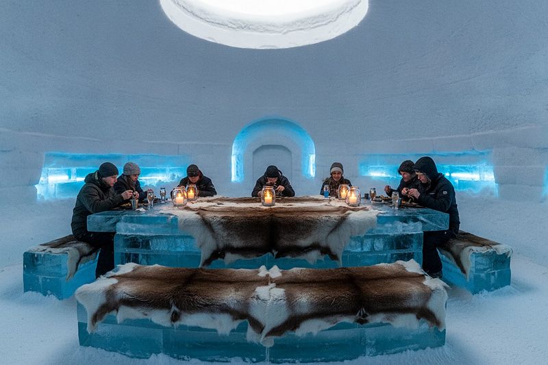 A table of ice and reindeer hides in the Snow Restaurant